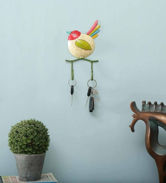 Multicolour Iron Metal Painted Wall Bird 2 Key Holder