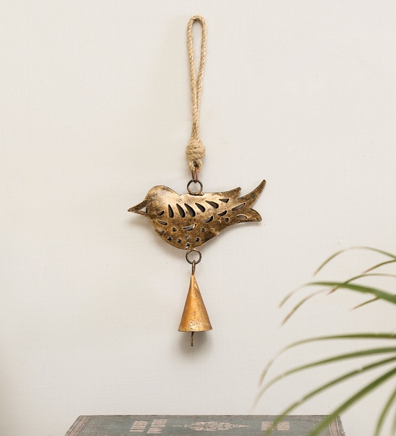 Yellow Brass Sparrow Bird Hanging Bell