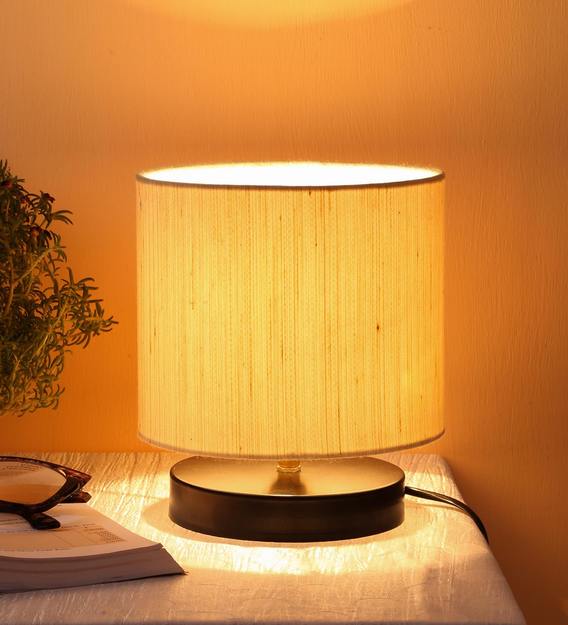 Drum Designer Off White Cotton Shade Table Lamp with Black Base