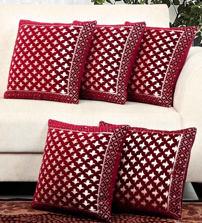Maroon Traditional Chenille  16 X 16 Inches Cushion Cover (Set of 5)