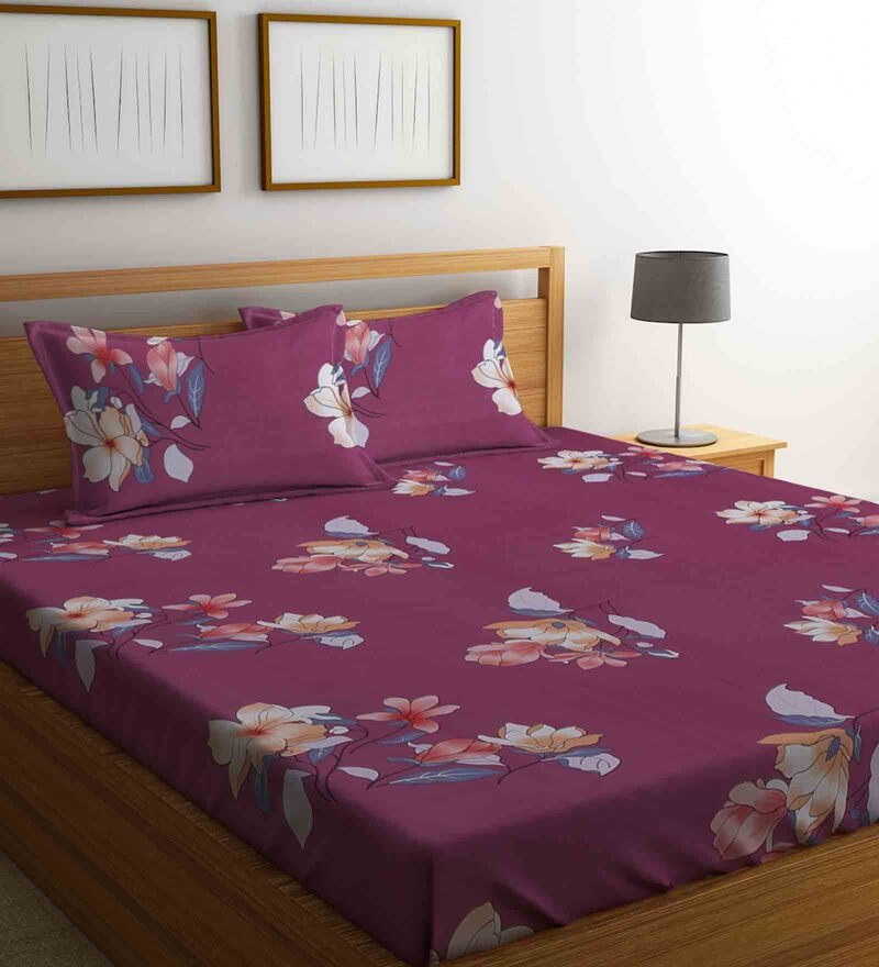 Wine Floral 280 TC Cotton Blend Queen Sized Bed Sheets with 2 Pillow Covers