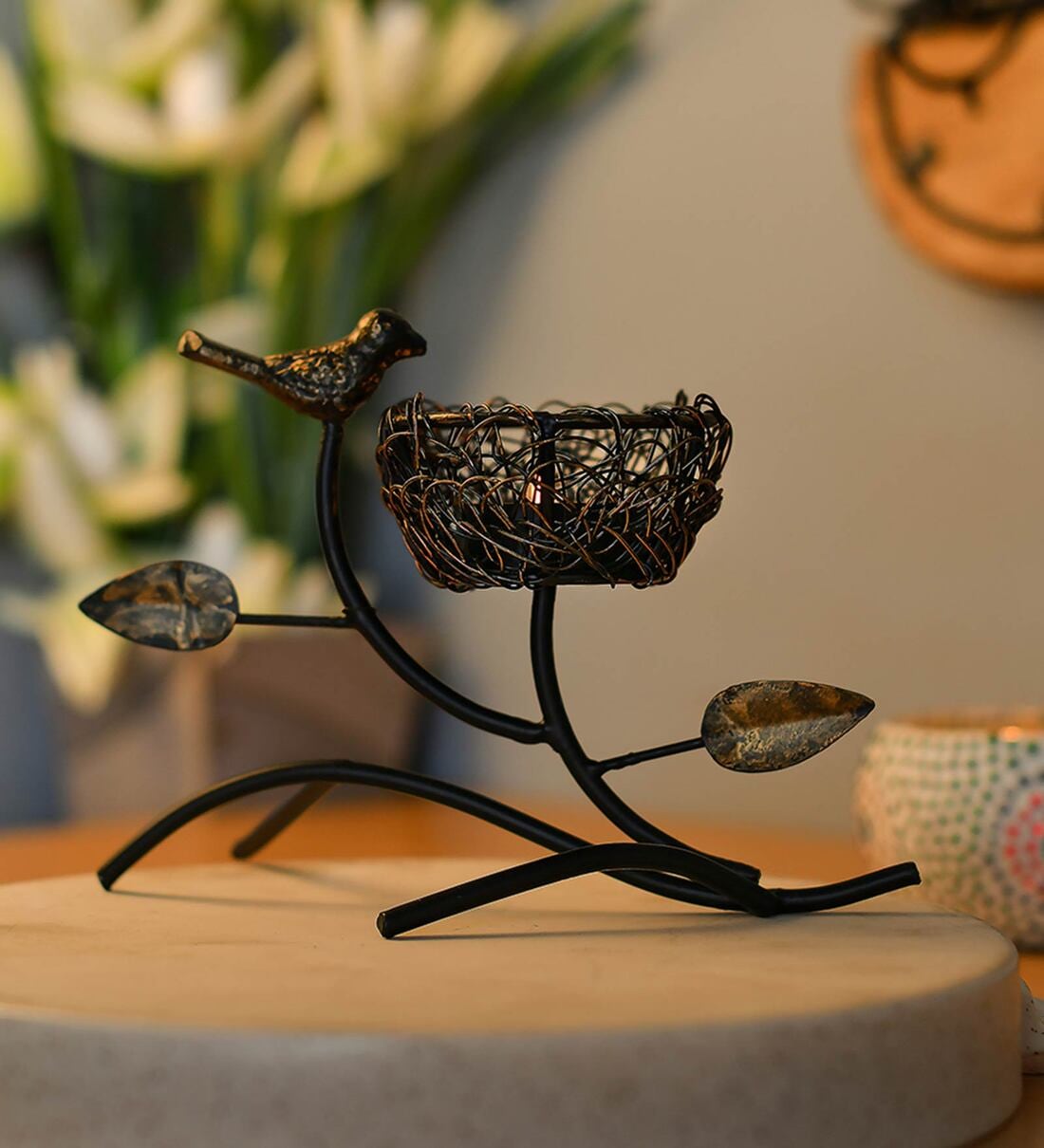 Black Metal Bird with Nest Table Tea Light Holder, By Homesake
