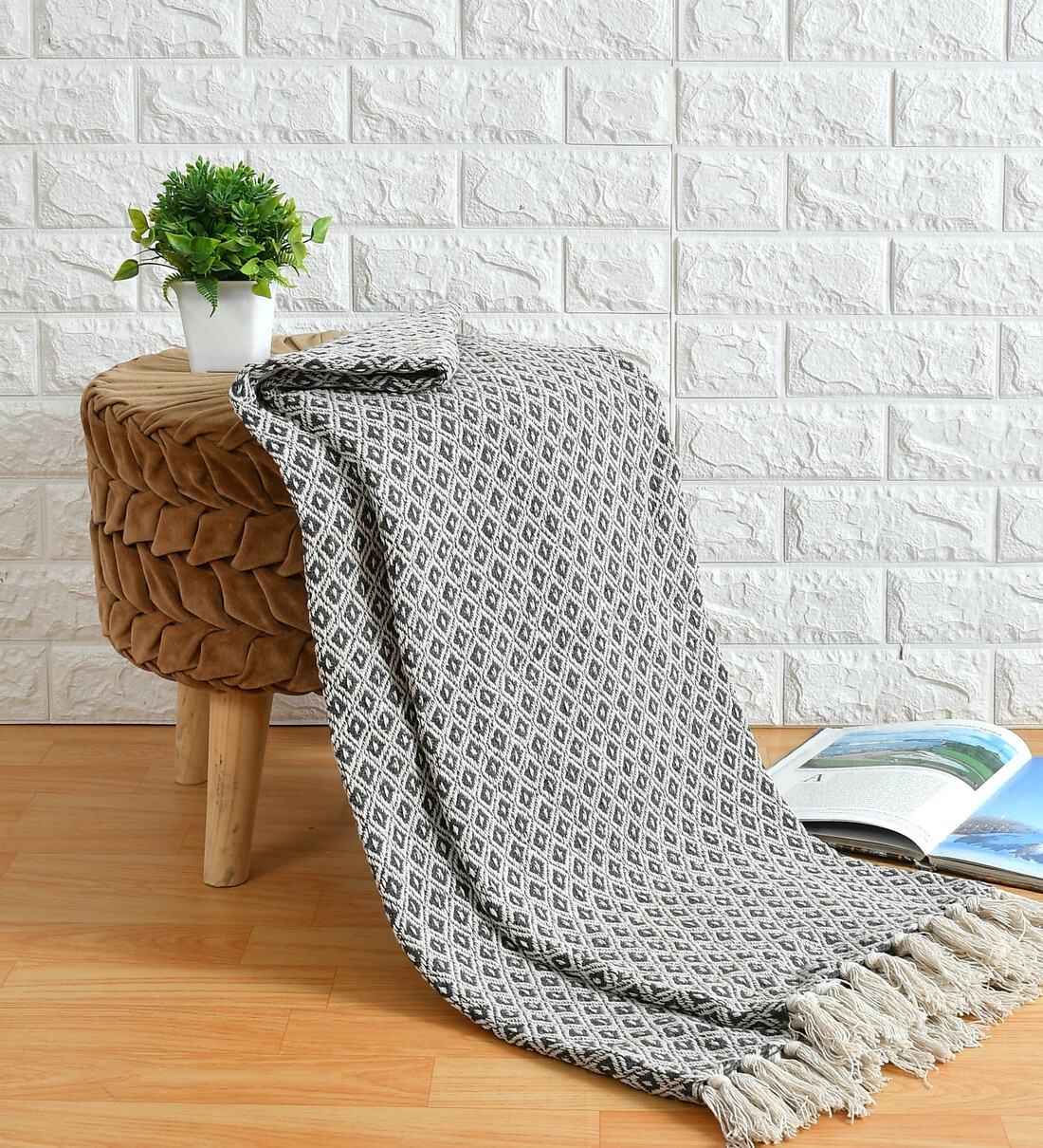 Grey Geometric Cotton 70 x 50 Inches Sofa Throw, By Sheen decor