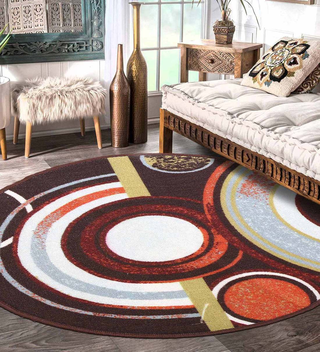 Brown Geometric Polyester 3 ft x 3 ft Machine Made Round Carpet, By Status