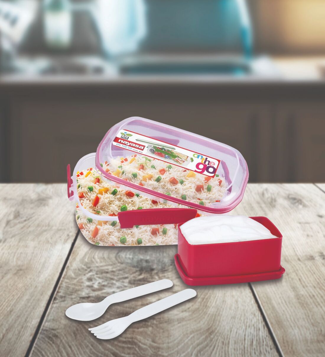 On the GO 650ml Airtight Plastic Lunchbox (with Spoon & Fork), By Nayasa