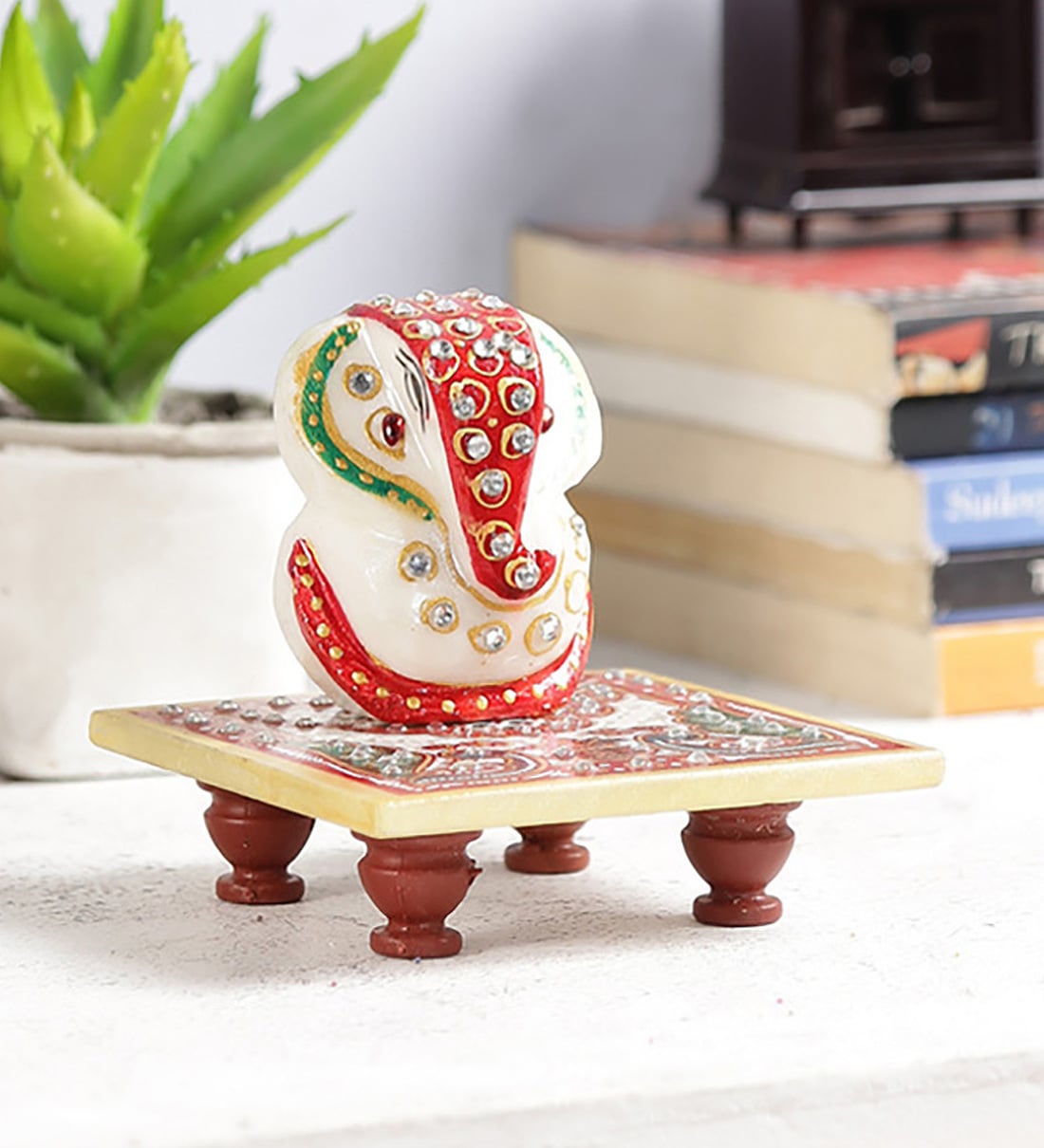 Marble Ganesha Idol With Chowki In Multicolor, By Art of Jodhpur