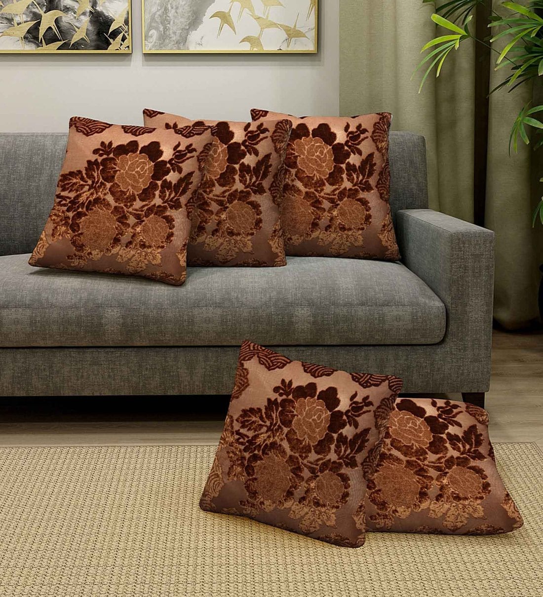 Brown Floral Velvet 16x16 Inch Cushion Covers (Set of 5), By Hosta Homes