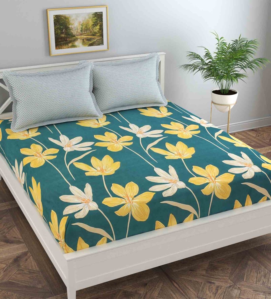 Green Floral 130 TC Poly Cotton Queen Sized Bedsheet with 2 Pillow Covers, By FLORIDA