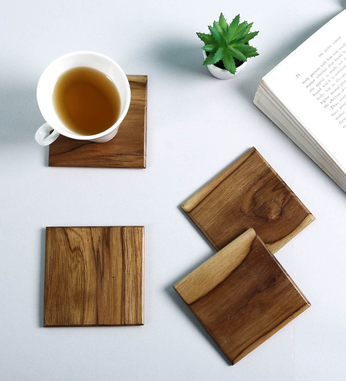 Brown Handcrafted Teak Wood Elegant (Set Of 4) Coasters, By Reinvention Factory