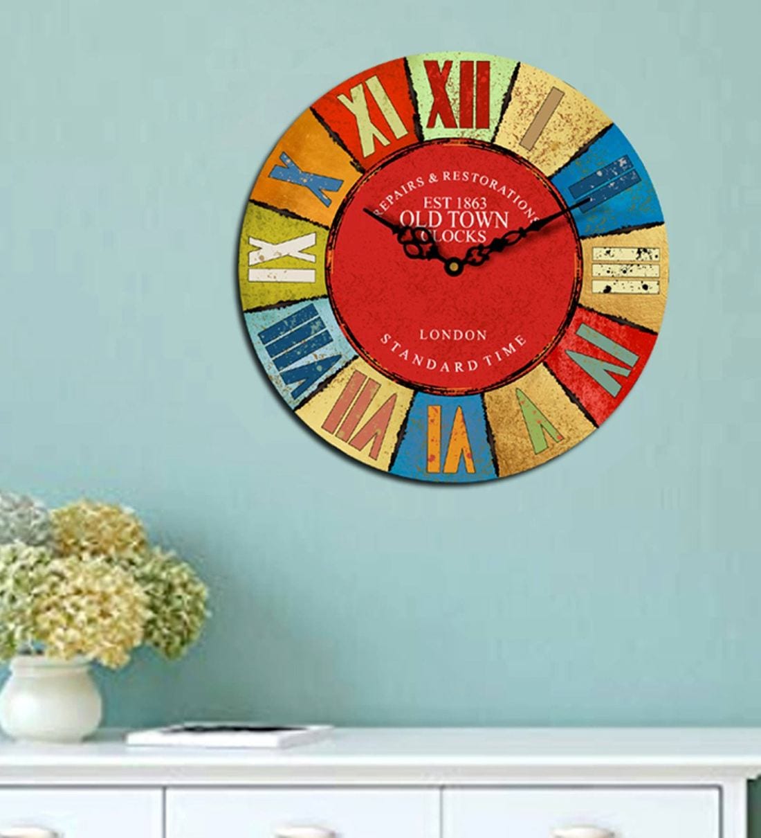 Multicolor Engineered Wood Old Town Vintage Wall Clock, By Sehaz Artworks