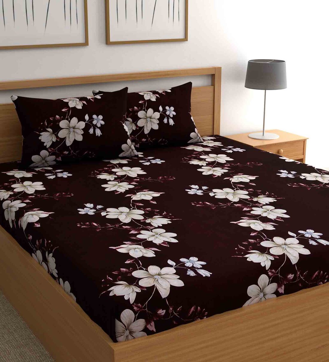 Dark Brown Floral 160 TC Microfiber Queen Sized Bedsheet with 2 Pillow Covers, By CG HOMES