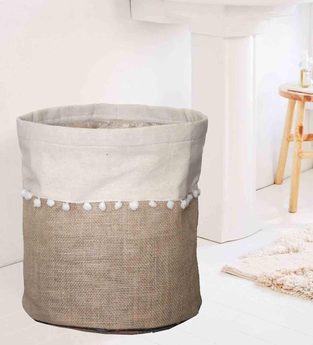Beige Jute Pom Pom Foldable 40 Ltr Laundry Basket, By My gift booth