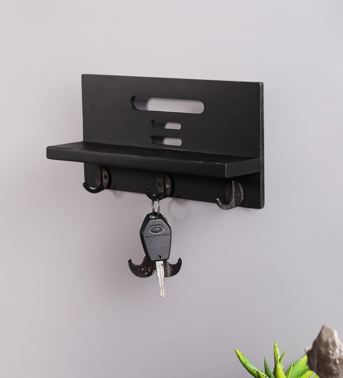 Black Mango Wood Floating Wall Shelf With Key Holder, By Craft Tree