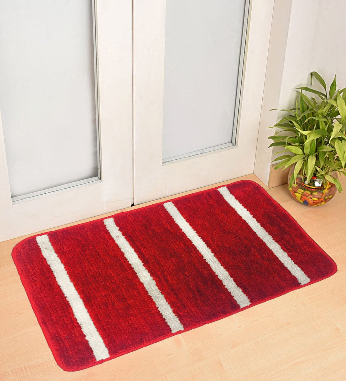Red Geometric Microfibre 15 x 23 Inches Anti Skid Door Mat, By Status