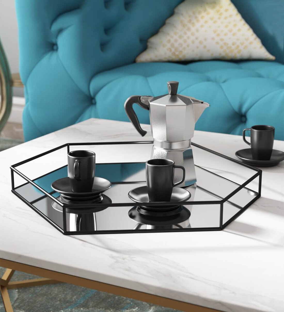 Hexagon Mirror Base Black Glass Serving Tray, By Lamjum