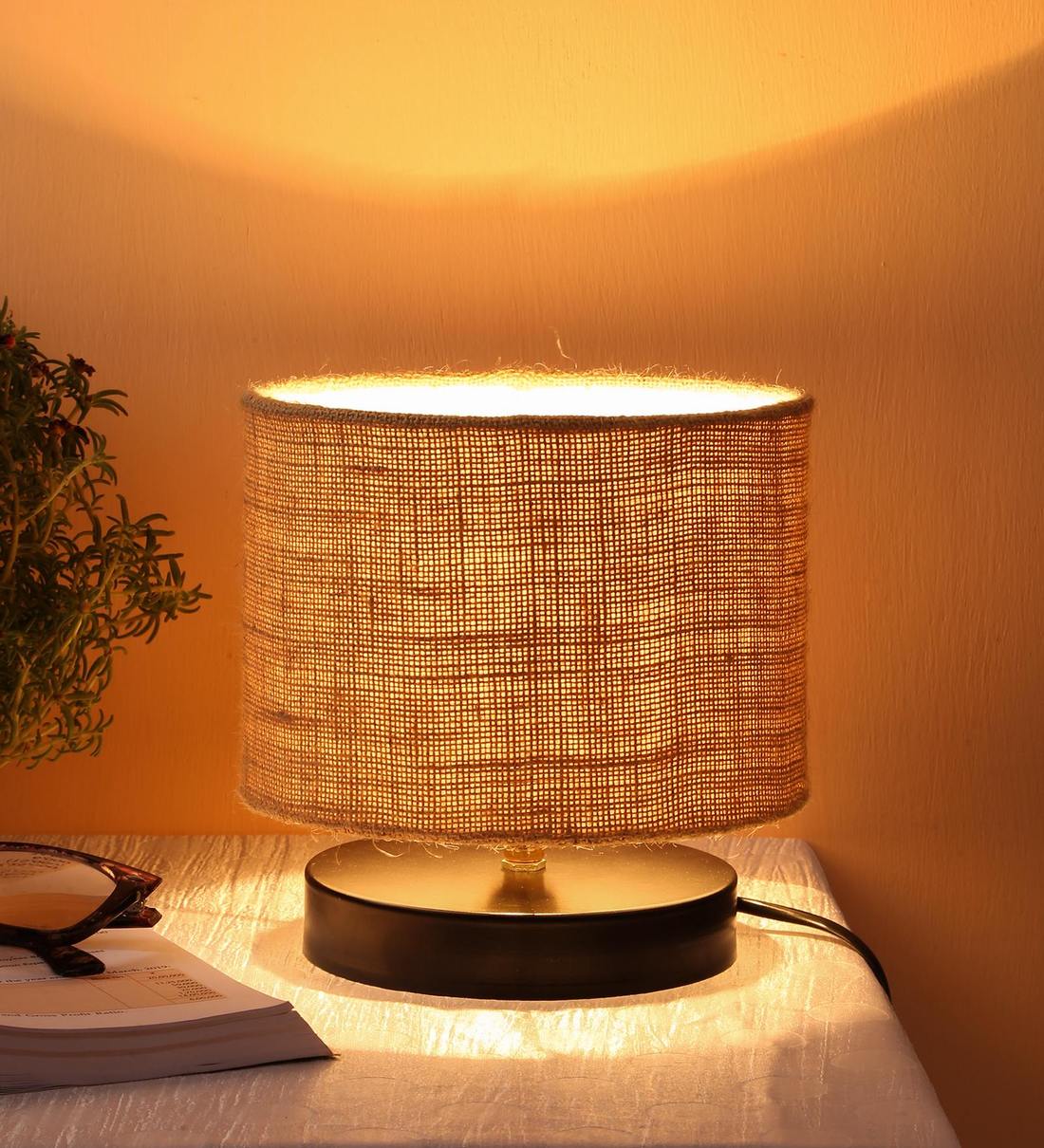 Carolie Beige Jute Shade Night Lamp With Iron Base, By New Era
