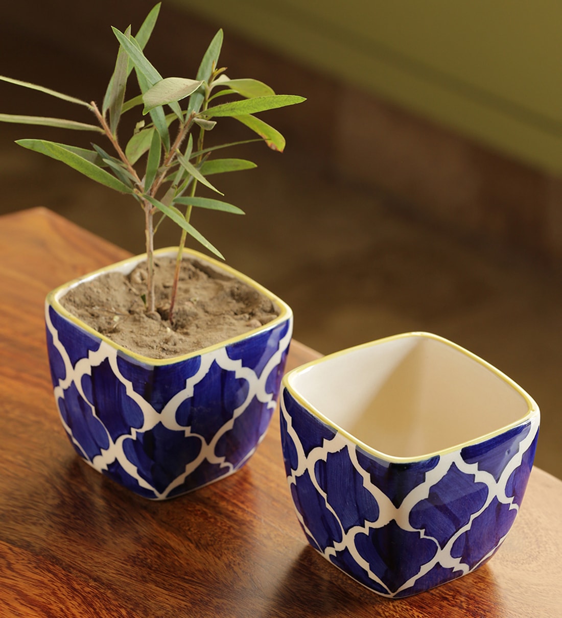 Blue Ceramic Moroccan Roots Handpainted Desk Pot, Set of 2, By ExclusiveLane