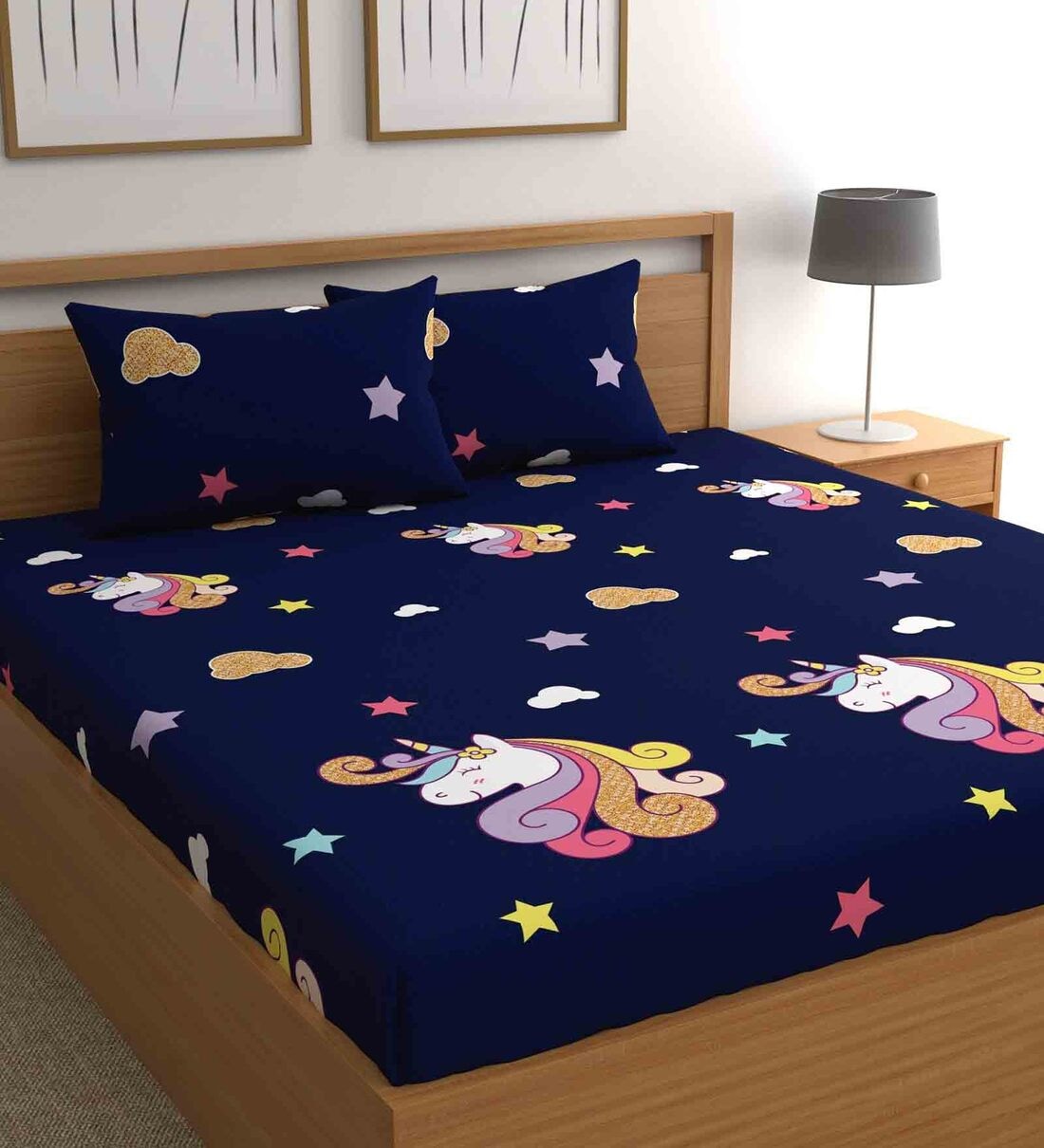 Blue & Multicolor Unicorn Print Bohemya 160 TC Microfiber Queen Sized Bedsheet with 2 Pillow Covers, By CG HOMES