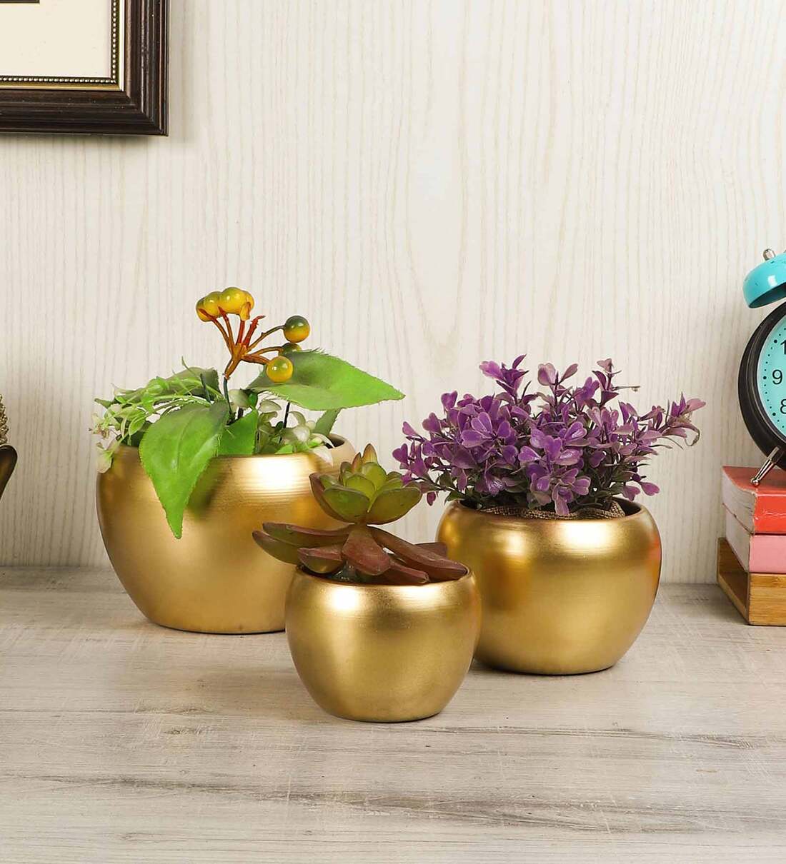 Gold Iron Apple Shape Desk Pot Planter, Set Of 3, By Amaya Decors