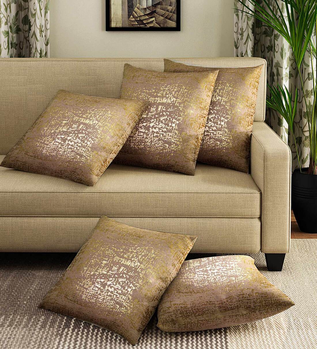 Beige Abstract Cotton 16 x 16 Inches (Set of 5) Cushion Cover, By Ambbi Collections