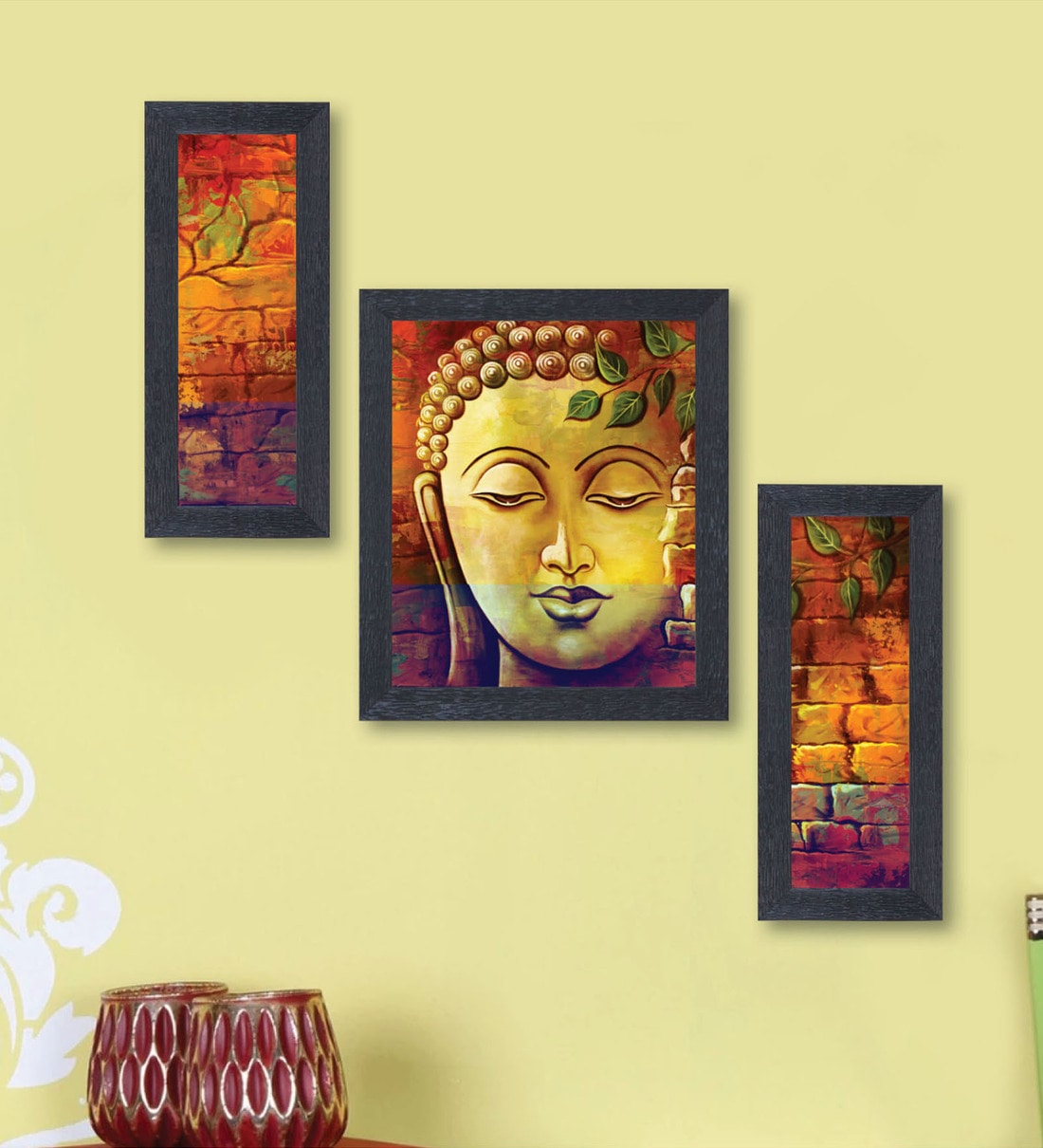 Pictorial Craftsmanship Black Synthetic Wood Framed Spiritual Art Print Set of 3, By Random