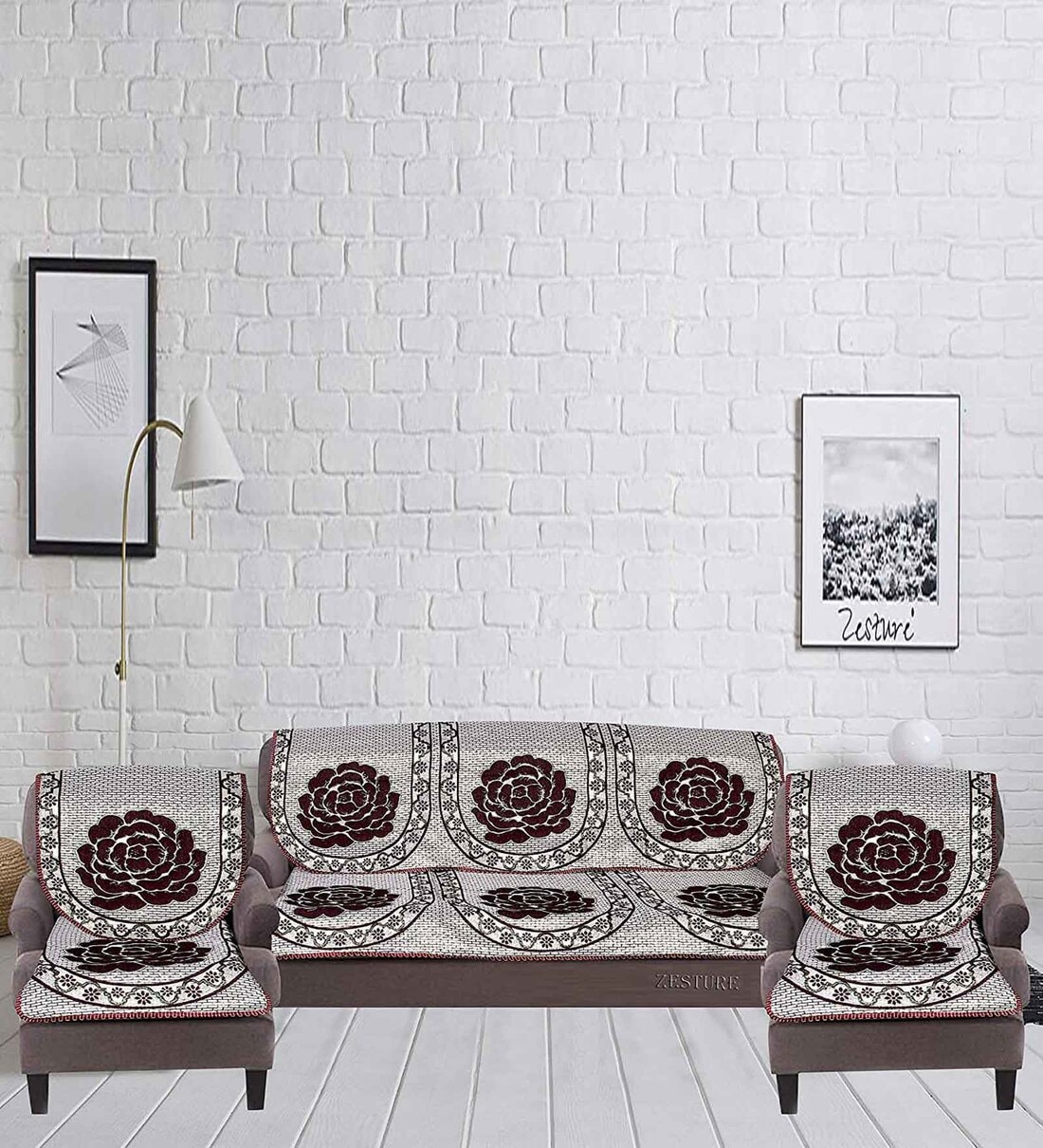 Maroon Floral Cotton 29 x 70 Inches  5 Seater Sofa Cover (Set of 6), By Braids