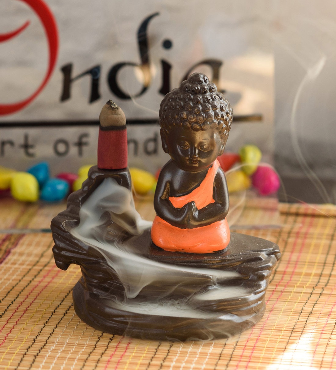 Blue Meditating Monk Buddha Smoke Fountain with 10 Backflow Cone Incense Holder, By eCraftIndia
