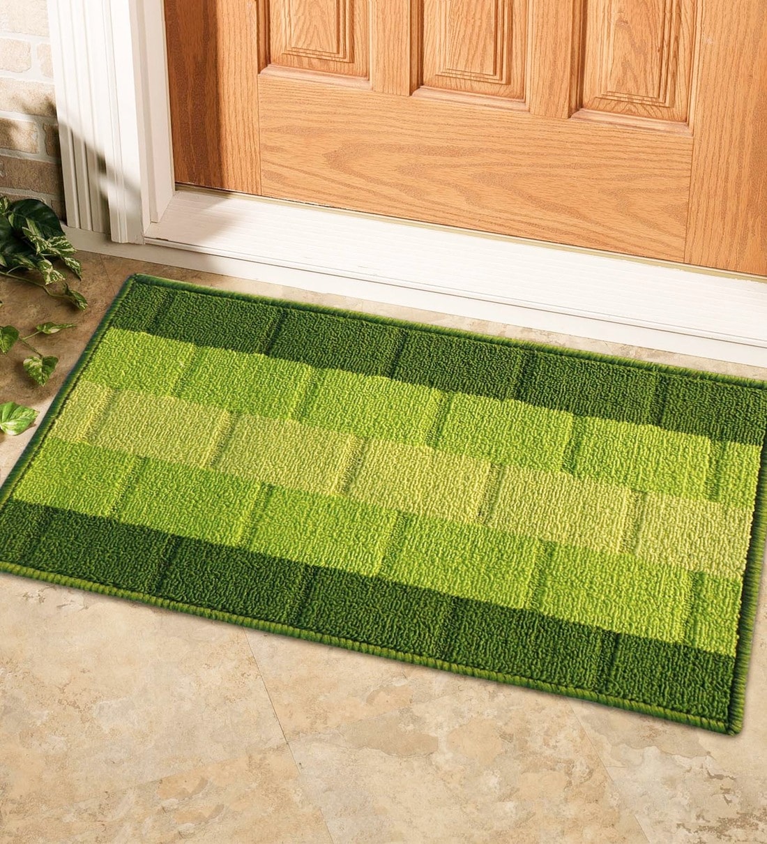 Green Geometric Polyester 23 x 15 Inches Anti Skid Door Mat, By Status
