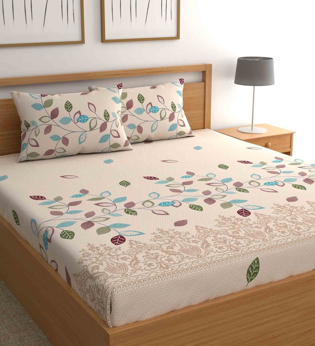 Beige Floral Leafy Bohemya 160 TC Microfiber Queen Sized Bedsheet with 2 Pillow Covers, By CG HOMES
