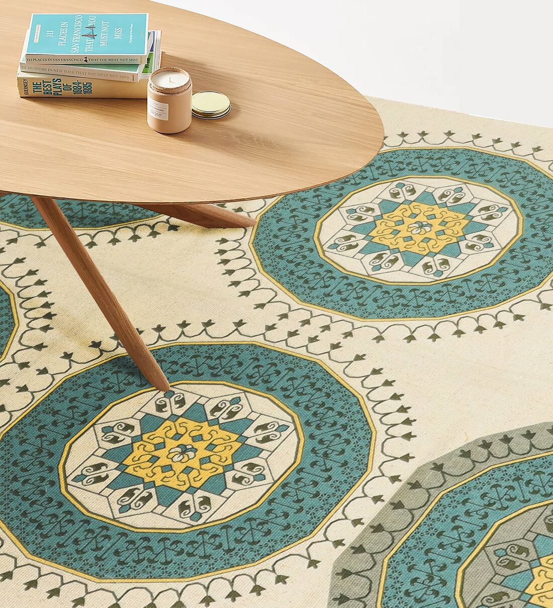 Beige & Green Traditional Cotton Mandala Print 3 ft x 5 ft Hand Woven Dhurries, By Art India