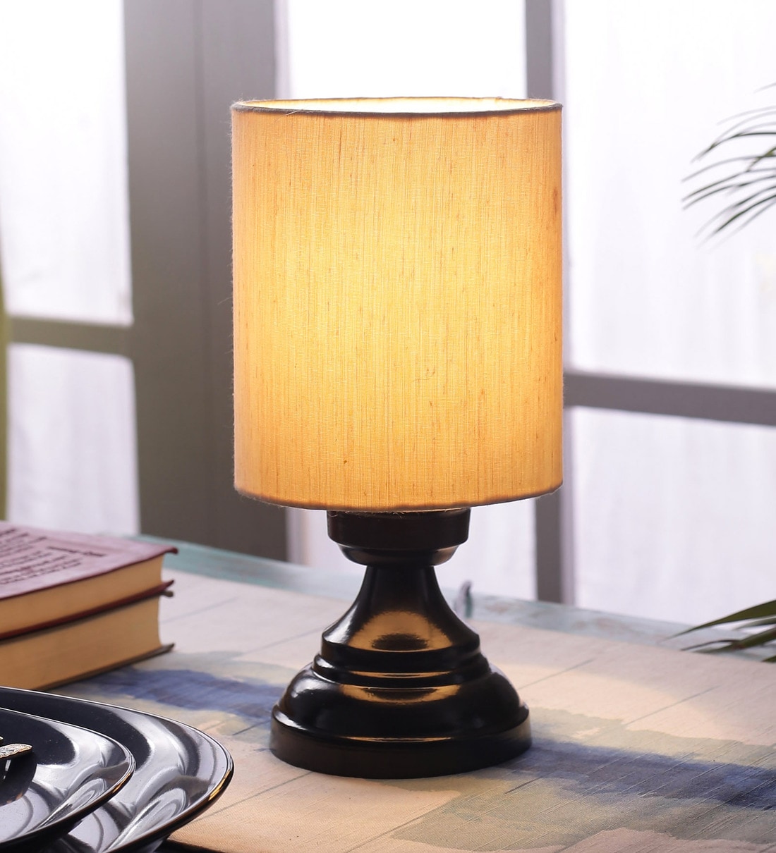 Vrikshya Beige Fabric Shade Night Lamp With Metal Base, By Foziq