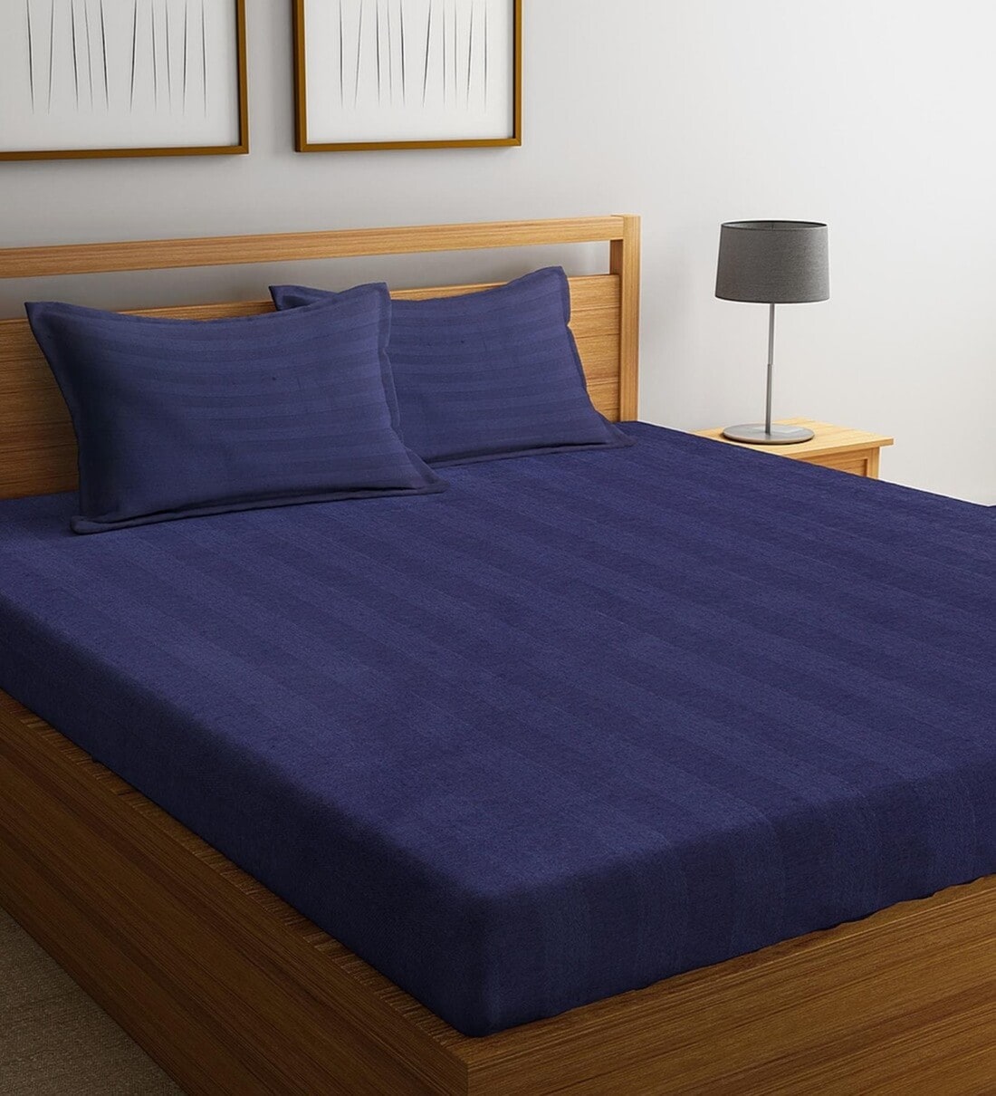 Blue Striped 300 TC Cotton Blend King Sized Bed Sheets with 2 Pillow Covers, By Hosta Homes