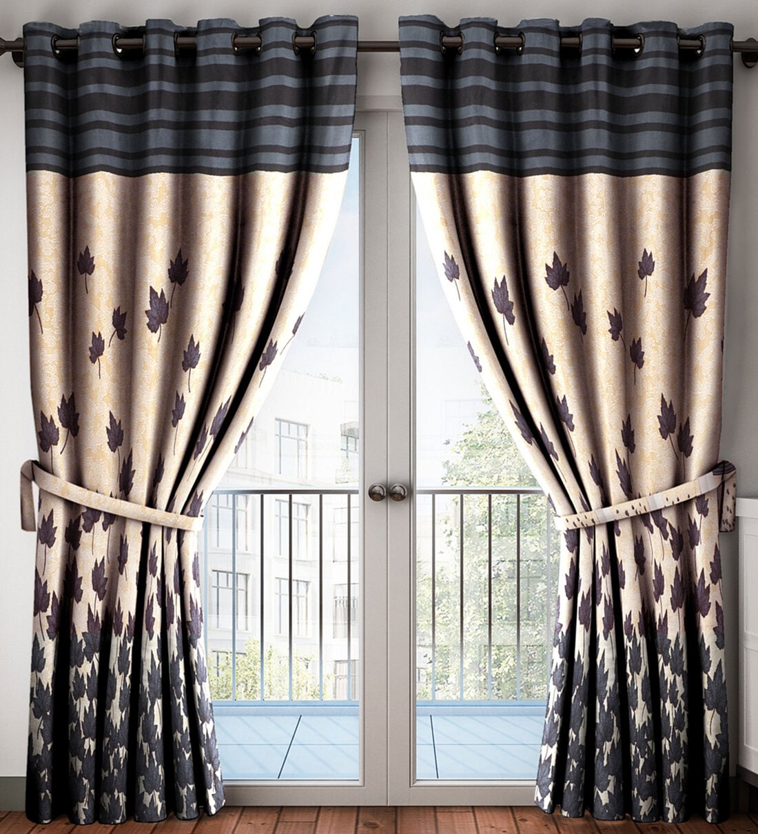 Grey Floral Polyester 7 Ft Semisheer Eyelet Door Curtains (Set of 2), By Home Sizzler