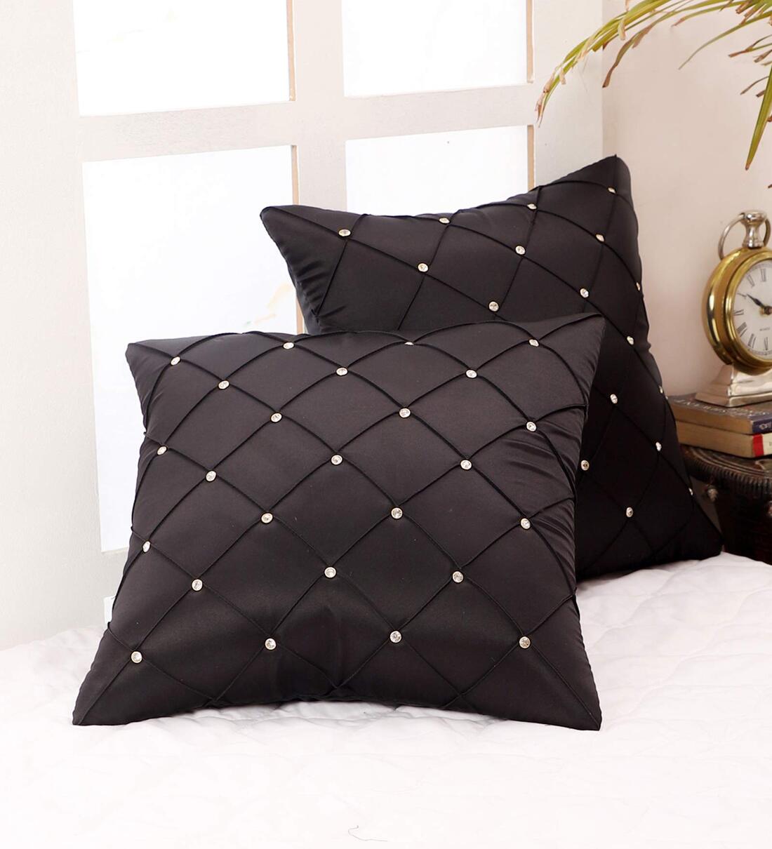 Black Geometric Satin 16 x 16 Inches Cushion Covers (Set of 2), By MFD Home Furnishing