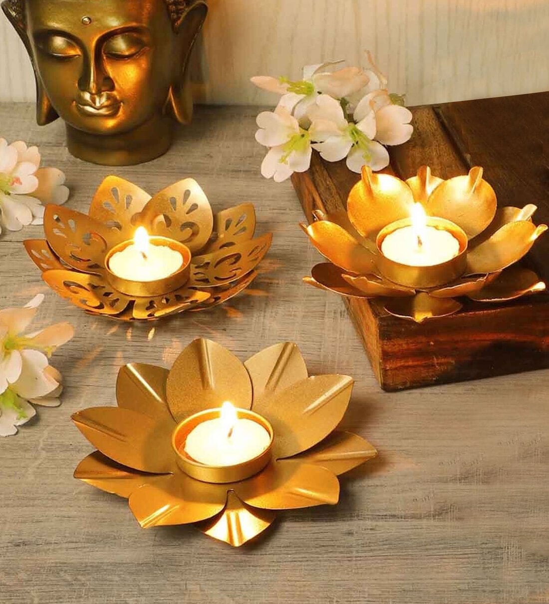 Set Of 3 Flower Shape Tealight Holders, By Amaya Decors