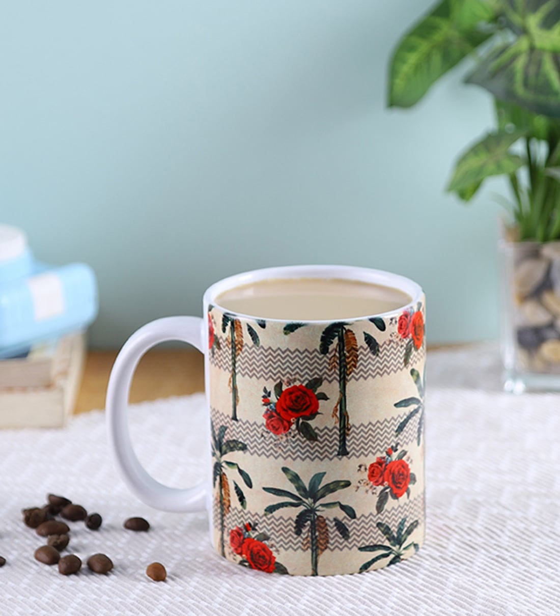 Apricity 350ml Cream & Red Ceramic Coffee Mug, By M K Enterprise