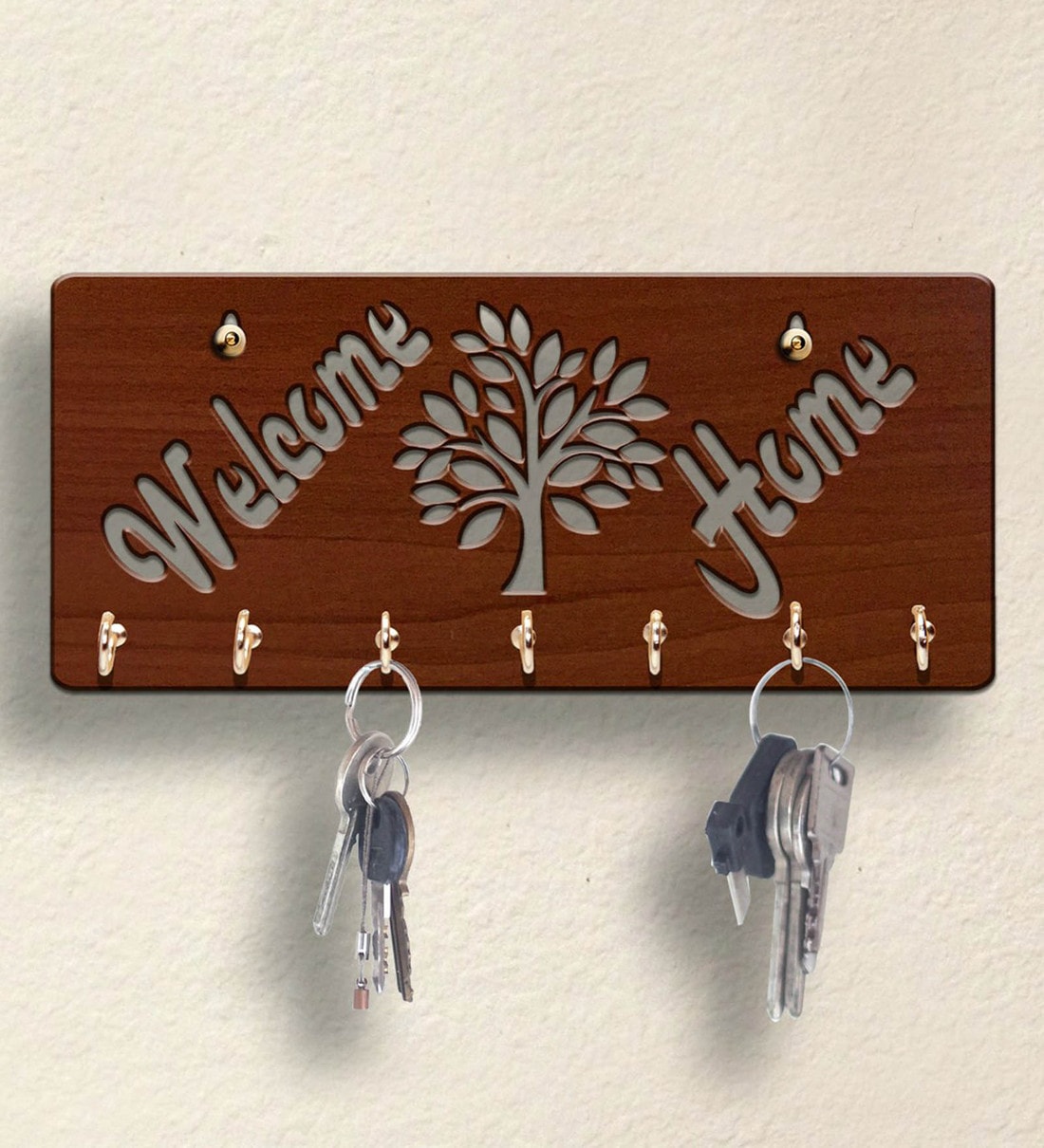 Brown Welcome Home Wooden 7 Hooks Key Holder, By Sehaz Artworks