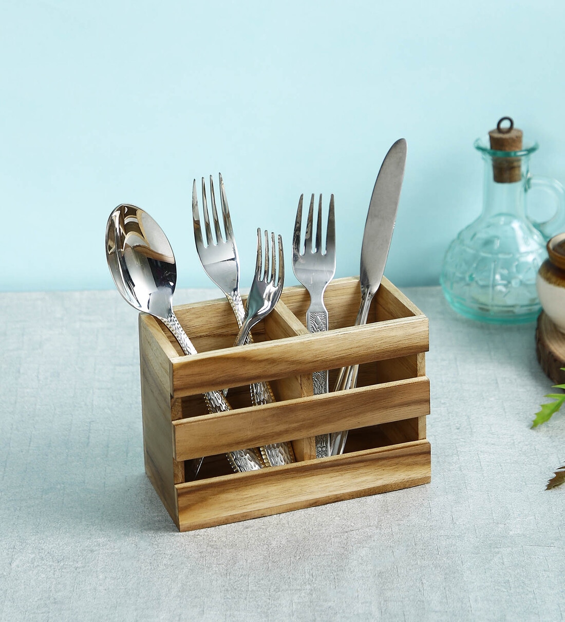 Brown Teakwood Cutlery Holder, By Reinvention Factory