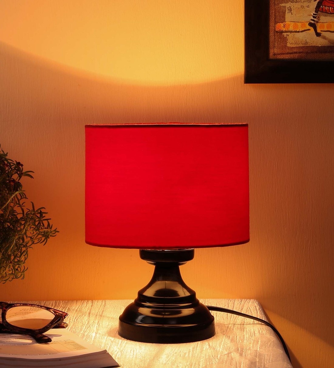 Red  Cotton  Shade Traditional Table Lamp With Black  Base, By New Era