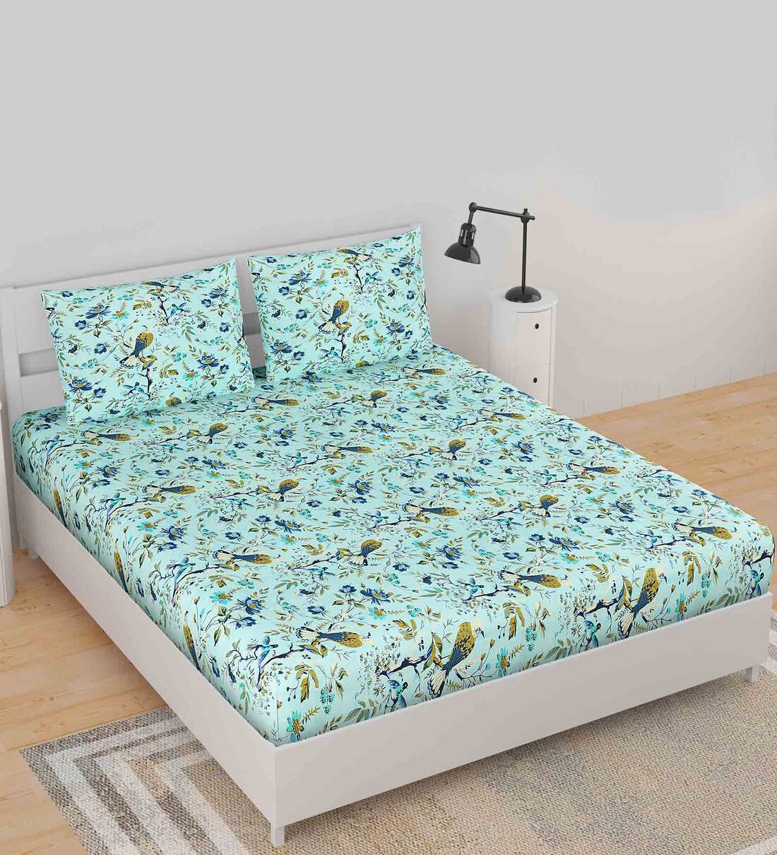 Blue Floral 210 TC Microfiber Queen Sized Bedsheet With 2 Pillow Covers Classic Collection, By Bella Casa