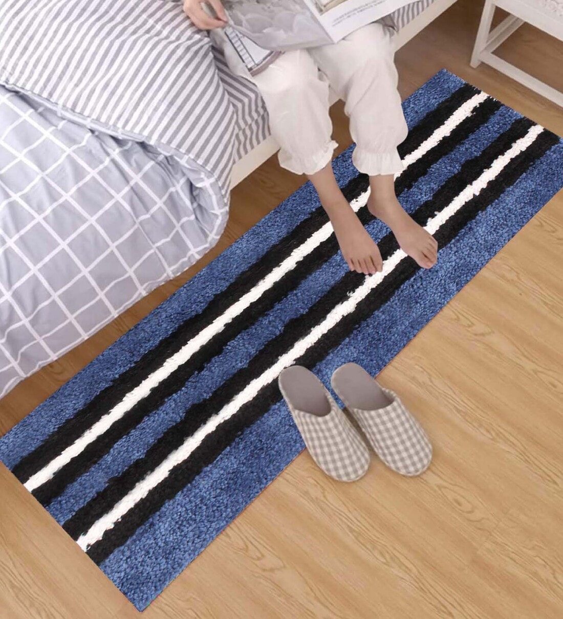 Blue Microfibre 23 x 56 Inches Machine Made Floor Runner, By Luxe Home International