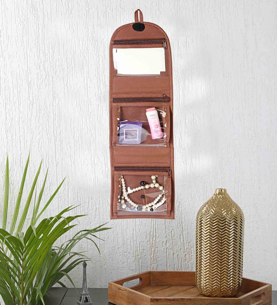 Brown Polyester Foldable 3 Pockets Travel Organiser, By My gift booth