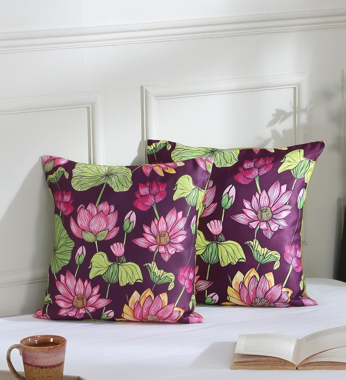 Green & Purple Floral Polyester 16 x 16 Inches Cushion Covers (Set of 2), By Jeel