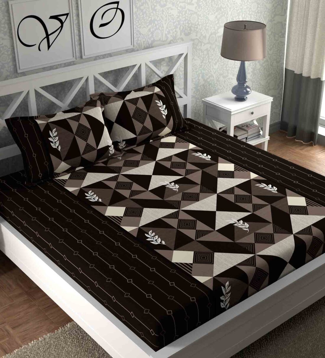 Brown Geometric 180 TC Microfiber Queen Sized Bed Sheets with 2 Pillow Covers, By CG HOMES