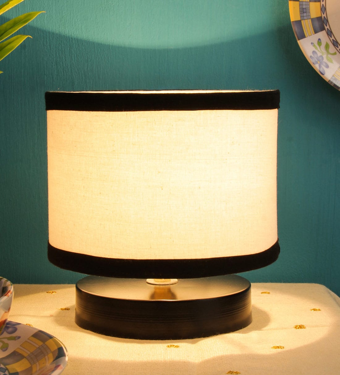 Drum Designer Multicolour Cotton Shade Table Lamp With Black Base, By New Era
