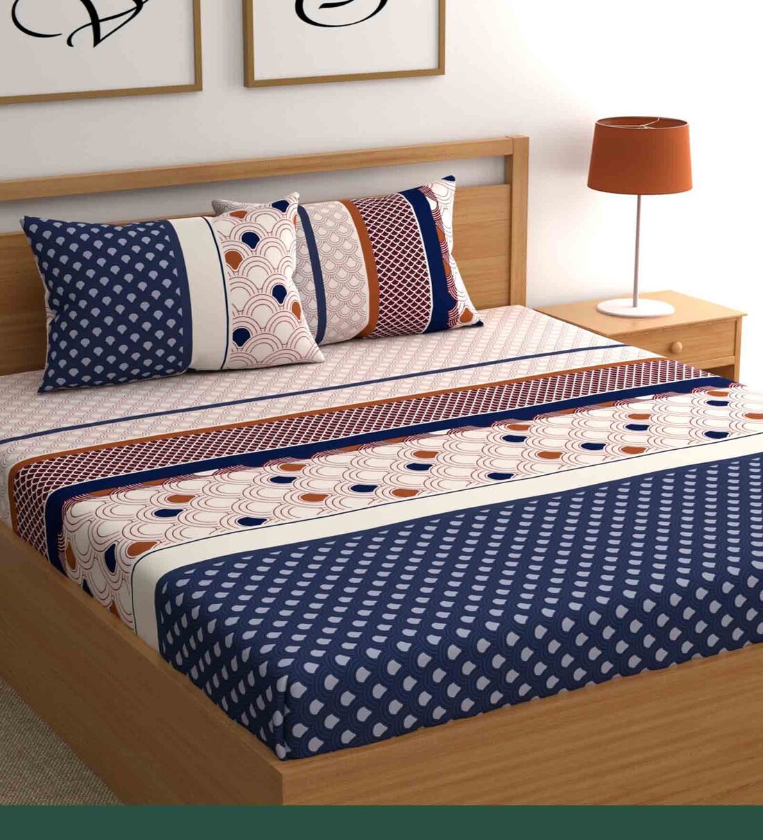 Blue Geometric 180 TC Microfiber Queen Sized Bed Sheets with 2 Pillow Covers, By CG HOMES