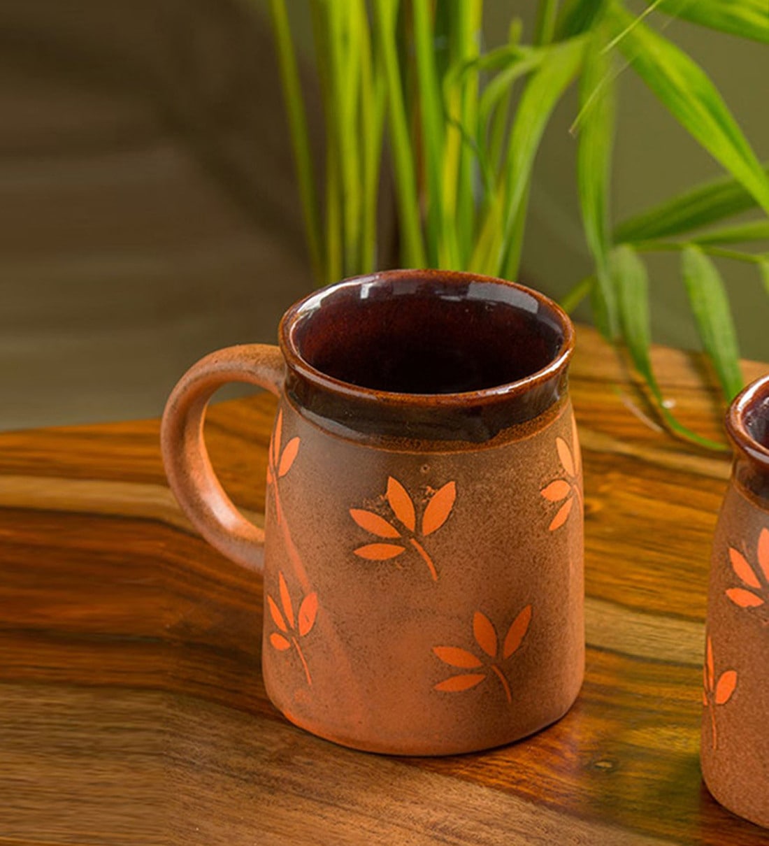 Leaf Sips 400ml Orange & Brown Ceramic Coffee Mug, By ExclusiveLane