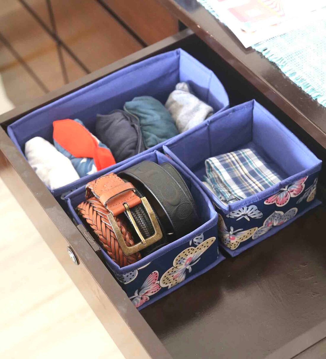 Navy Blue Polyester Foldable Butterfly Printed Drawer Organisers (Set of 3), By My gift booth