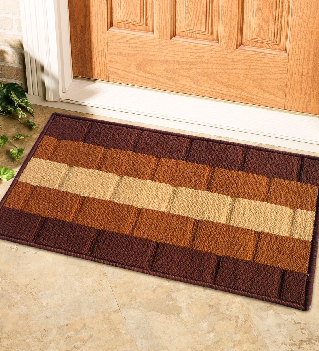 Brown Geometric Polyester 23 x 15 Inches Anti Skid Door Mat, By Status