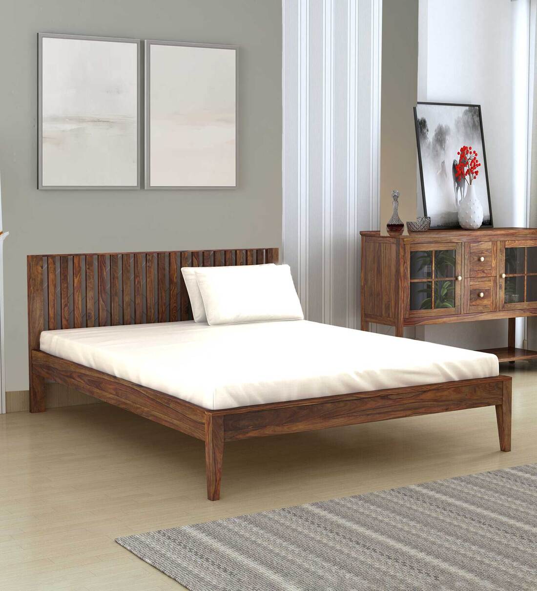 Aspire Sheesham Wood King Size Bed in Teak Finish, By Loom & Needles
